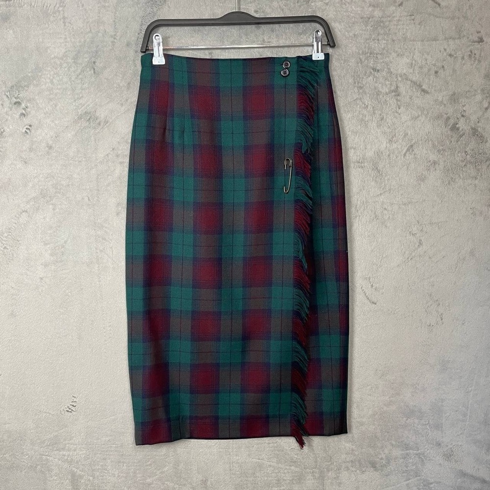 Vintage 90s Grunge Plaid Wool Midi Pencil Skirt Medium Fringe Safety Pin School
